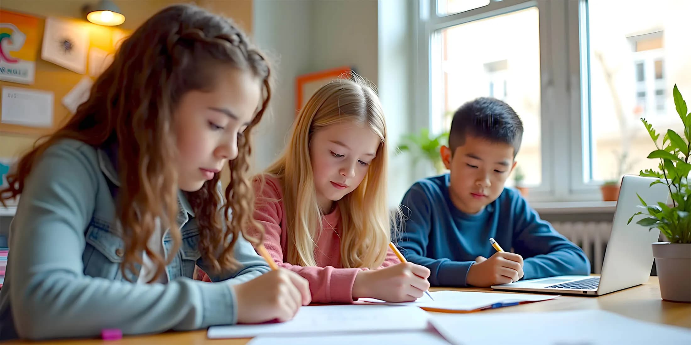 Three students at a desk doing schoolwork. 