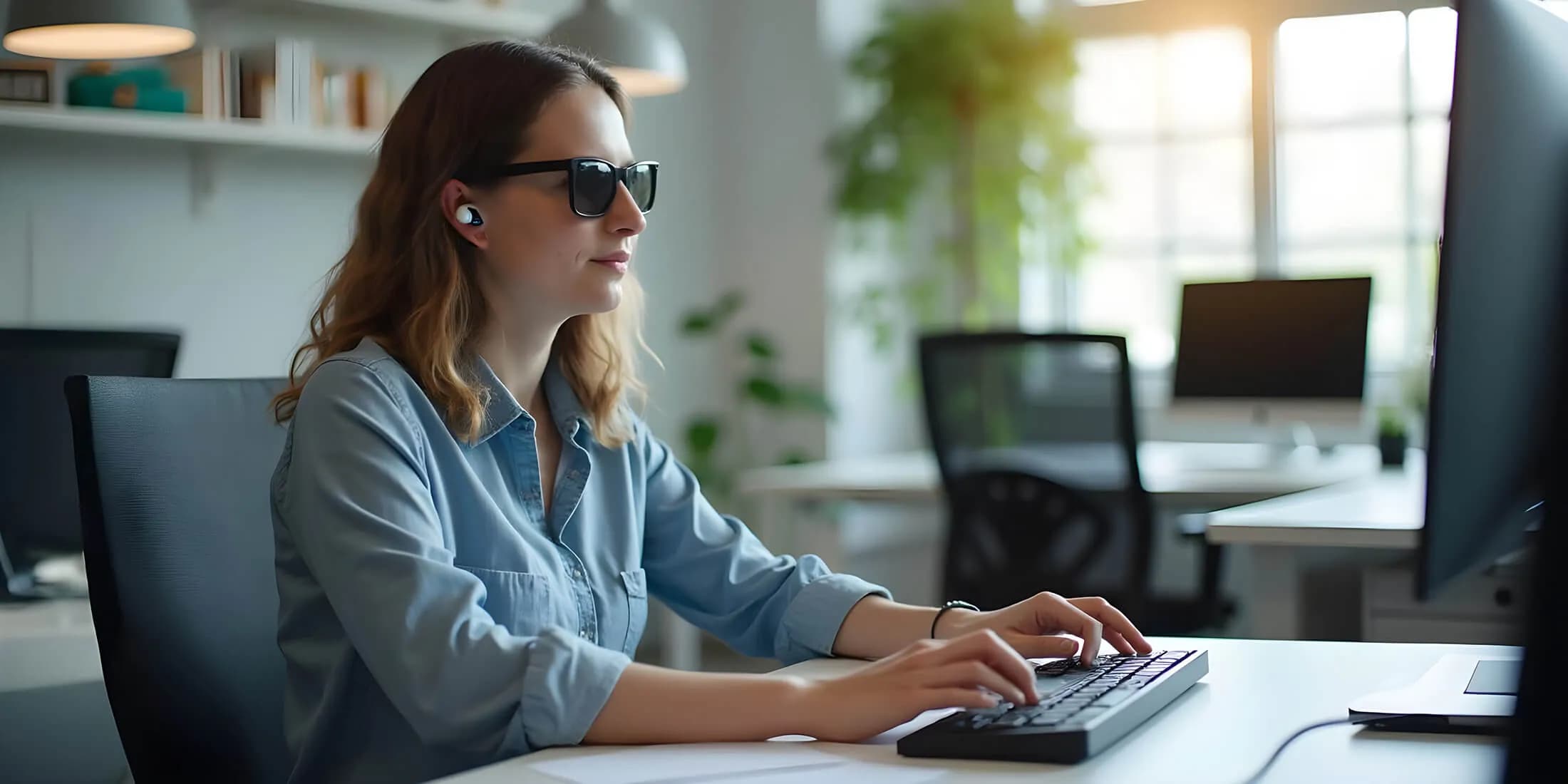 Female who is blind sitting at a desk typing. 