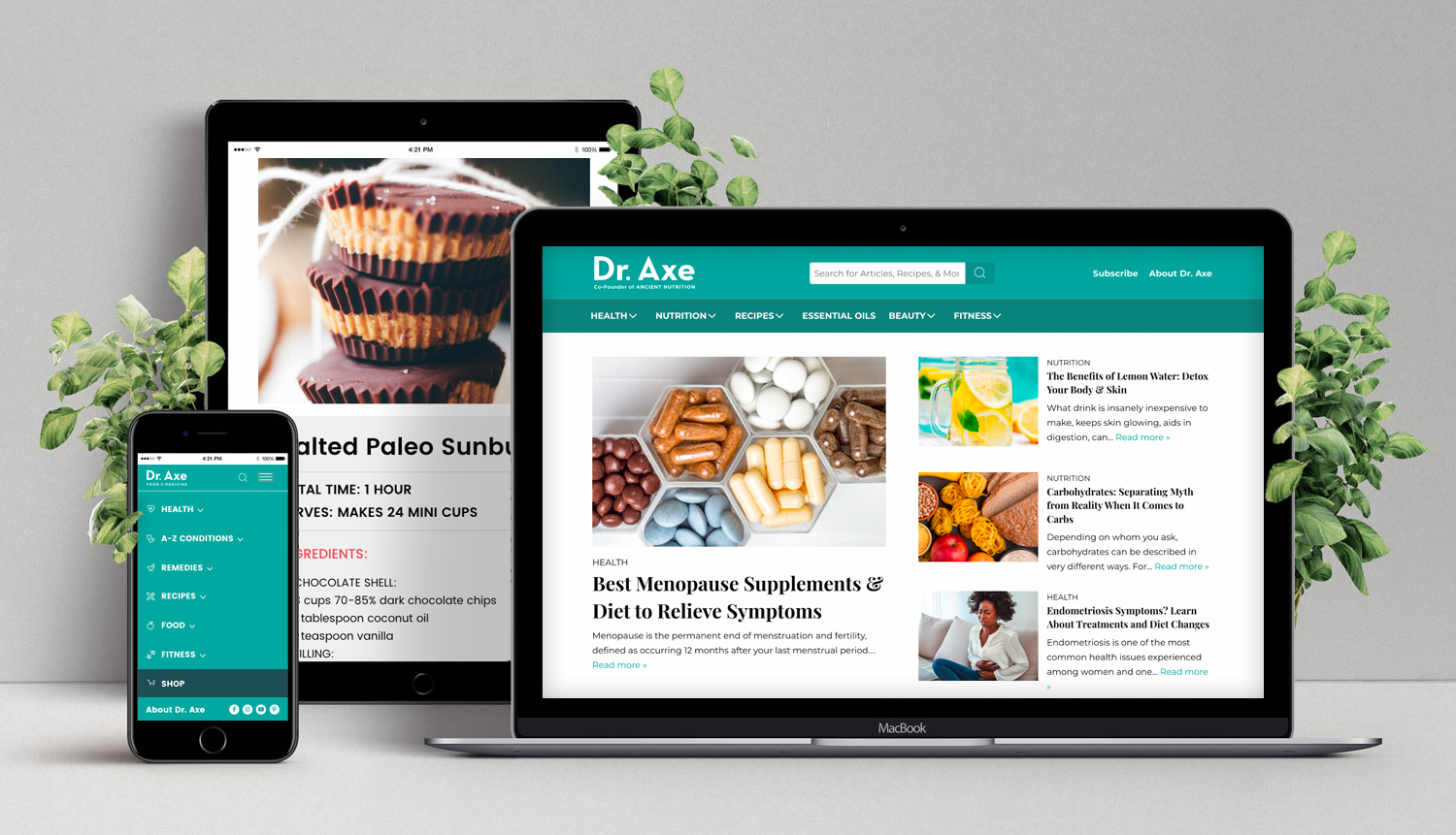 Dr.Axe homepage on laptop screen, recipe post type on tablet, and mobile menu on a phone